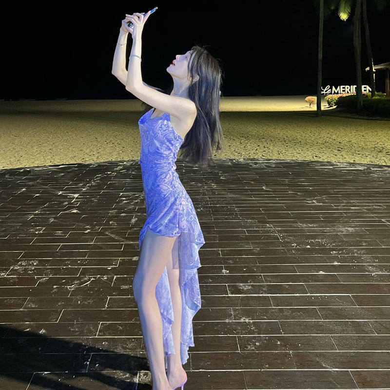 拍照神器紫罗兰 不规则下摆显腿长性感 连衣裙子女2024新款沙滩裙