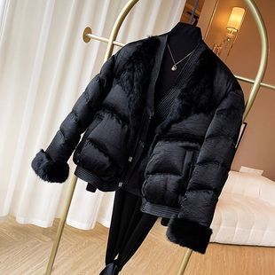 秋冬新款毛毛拼接醋酸国风上衣外套短款黑色新中式鸭绒羽绒服女