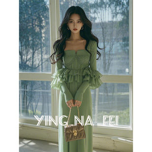 富家千金感穿搭清纯系掐腰长裙2025春夏超火绿色花边气质连衣裙女