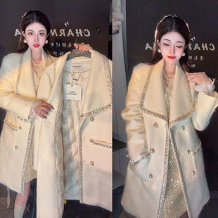 大翻领双排扣羽绒服中长款保暖白鸭绒羽绒内胆外套