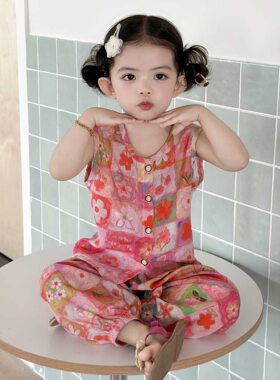 宝宝人造棉套装夏季背心裤子薄款棉绸男女婴儿童睡衣无袖空调衣服