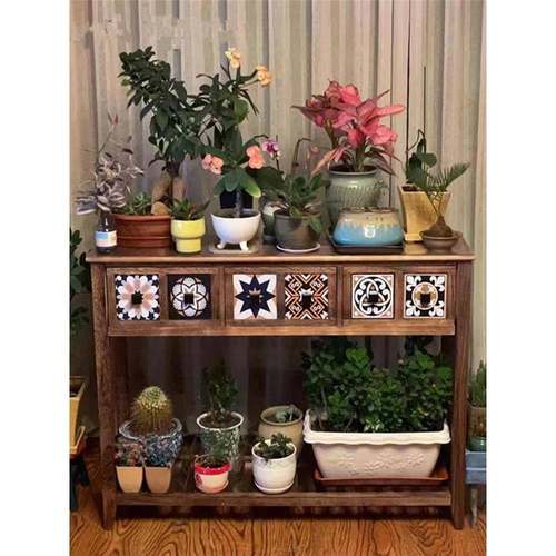 户外园艺工作台桌子阳台花架复古做旧实木长方形桌法式装饰置物架