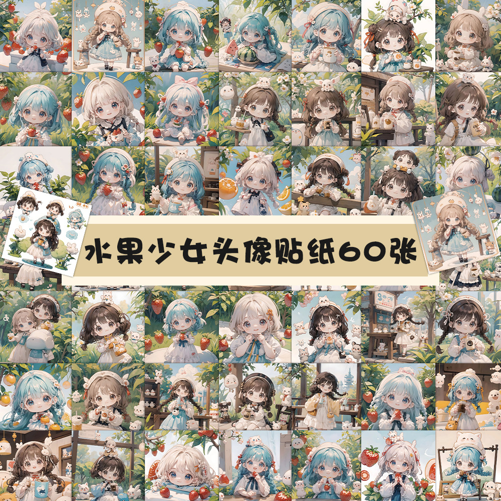 60张水果少女头像贴纸可爱卡通女孩动漫插画笔记本装饰手账贴纸.