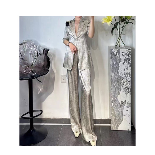 纯手工定制西装高级感气质真丝醋酸套装女高腰阔腿裤收腰两件套薄