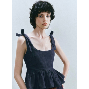WGWE 牛仔上衣W6541 短款 复古休闲风蝴蝶结无袖 吊带法式