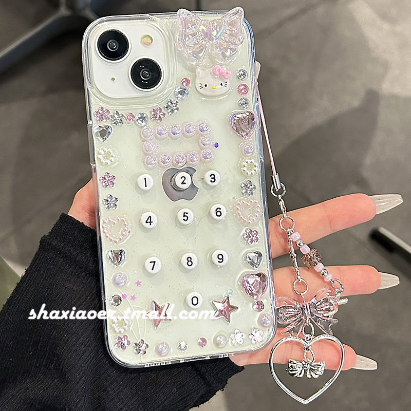 立体水晶蝴蝶结按键链条适用苹果15手机壳iphone14promax女款15pro新款13防摔12滴胶软边硬壳11可爱卡通趣味