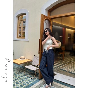 INFINILINE高品质抽绳汉麻牛仔裤女夏季拼色设计宽松显瘦镰刀长裤