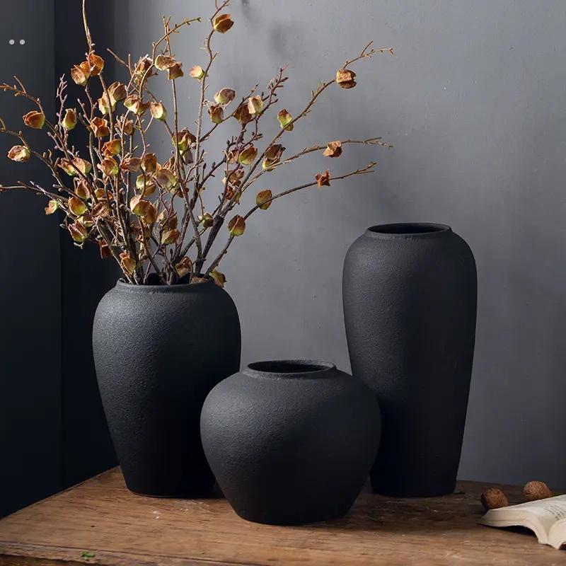 水培陶瓷花瓶黑色3件套干 干燥花摆件玄关家居简约中式水培陶罐