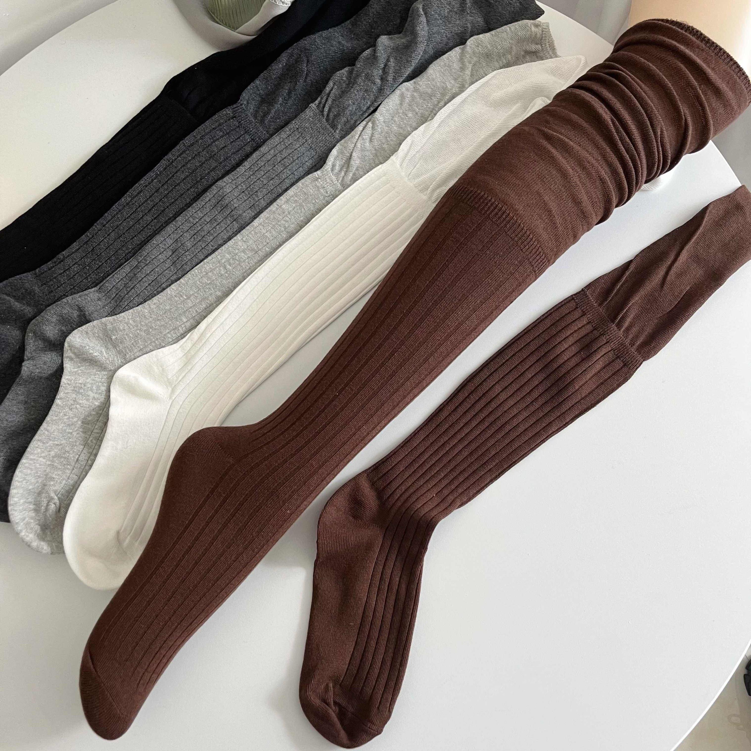 美拉德咖啡棕色过膝袜女春秋薄款棉竖条纹拼接长筒袜烟灰色高筒袜