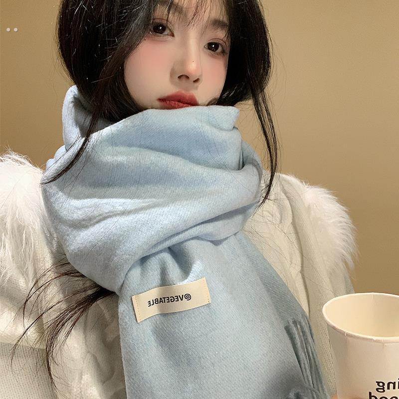 软糯羊绒蓝色针织围巾女冬季2025新款韩系氛围感小巧百搭围脖护颈