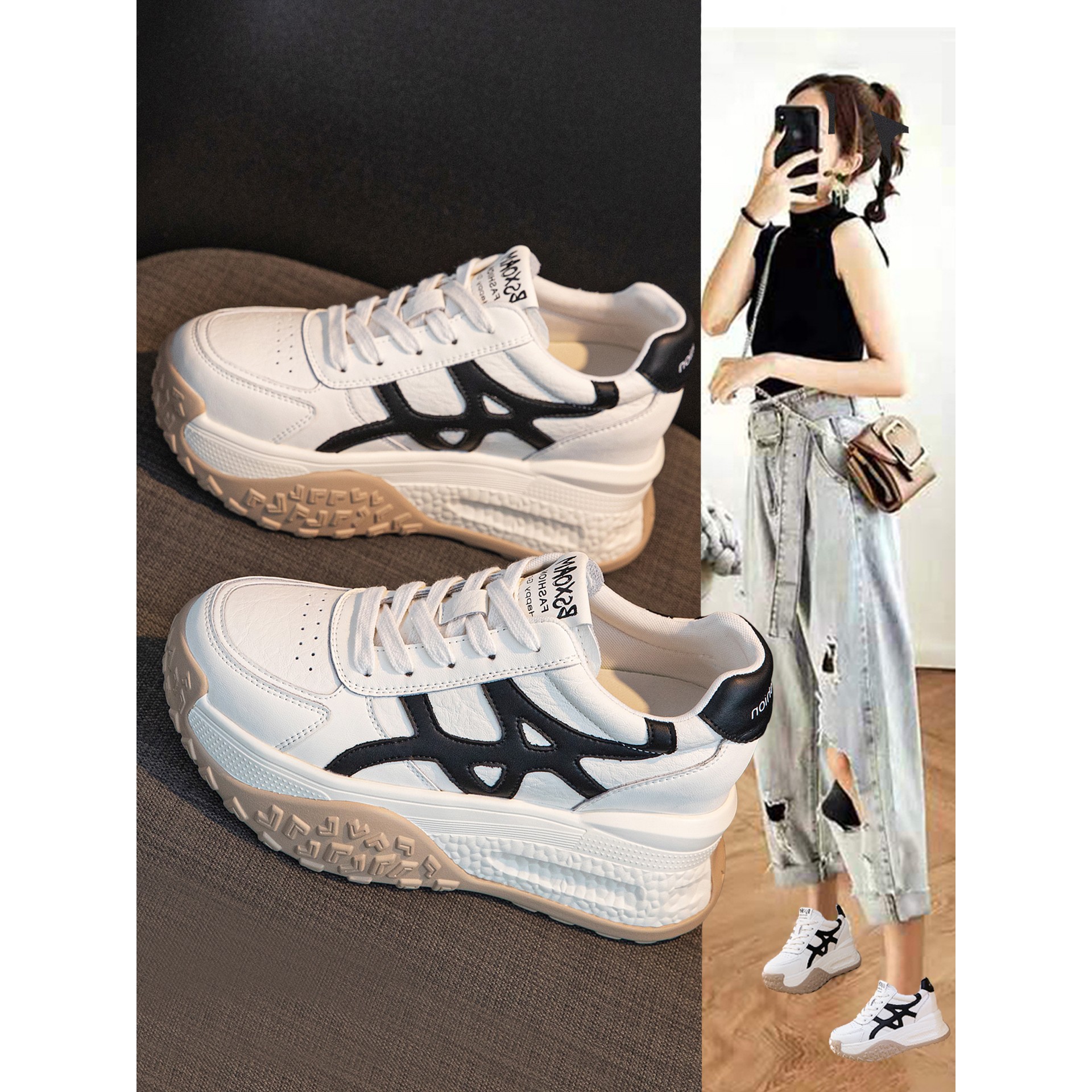 真皮内老爹鞋女2025秋季新款加绒厚底9cm运动休闲阿甘小白鞋