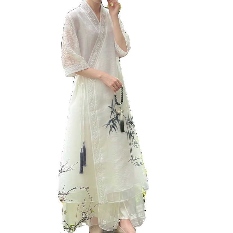 古风禅意禅茶服改良版长款修身显瘦精美刺绣茶人服连衣裙夏季新款