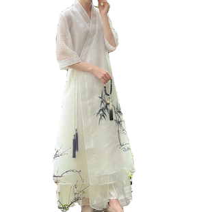 古风禅意禅茶服改良版长款修身显瘦精美刺绣茶人服连衣裙夏季新款