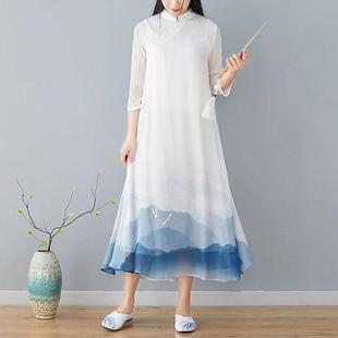 新款 汉服改良旗袍连衣裙2025年秋季 画印花新式 中国风复古女装