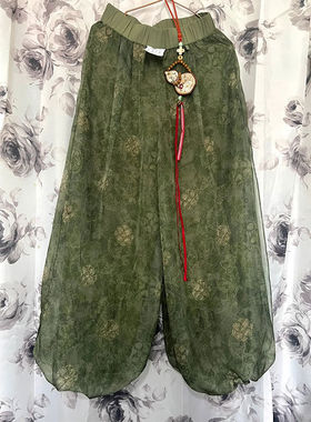 新中式高级设计街头多巴胺穿搭长款收腰军绿色长裤夏季新款灯笼裤