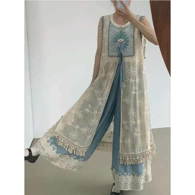 汉元素可穿汉服针织长比甲裤子