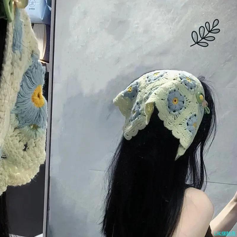 法式复古针织头巾女包头海边出游甜美可爱钩花镂空三角巾发带头*