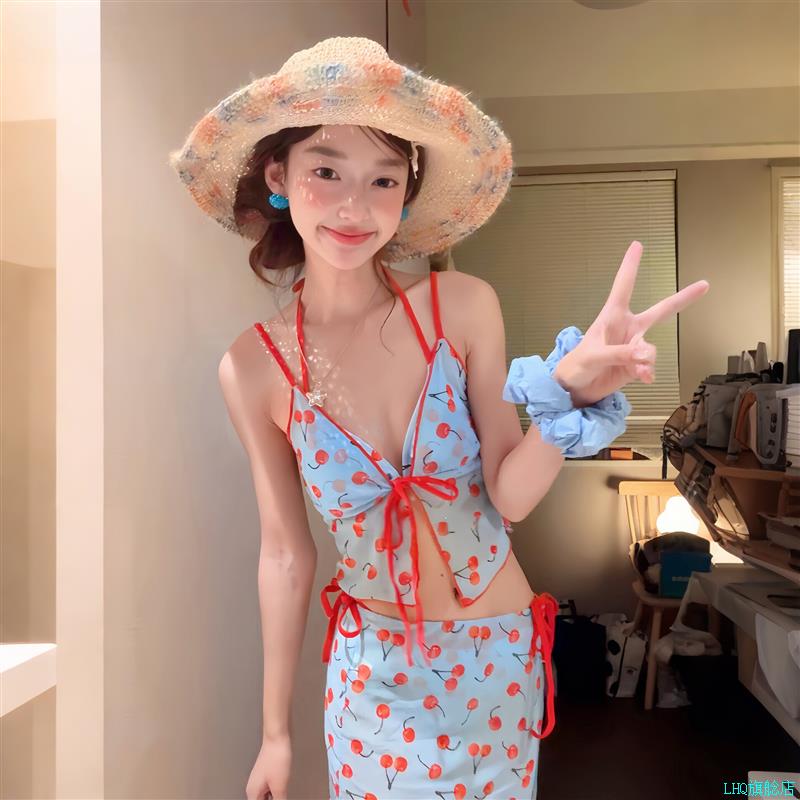 泳衣女款樱桃分体比基尼泡温泉泰式独特带罩衫四件套海边度假泳*