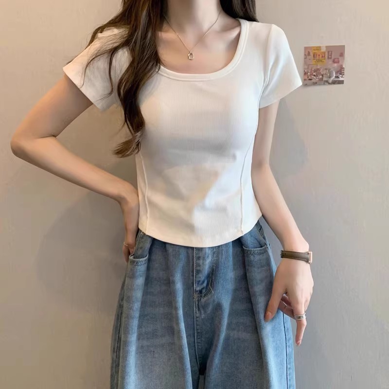 t恤女正肩纯棉显瘦小众设计感新款t恤短袖女纯色修身内搭上衣女夏