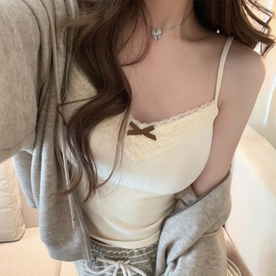 辣妹纯欲蕾丝花边吊带背心打底胸垫蝴蝶结短款 上衣 修身 设计无袖