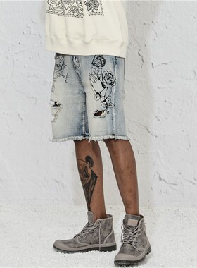 纽约潮牌Profound Foundation支线 手绘涂鸦洗水做旧破洞牛仔短裤