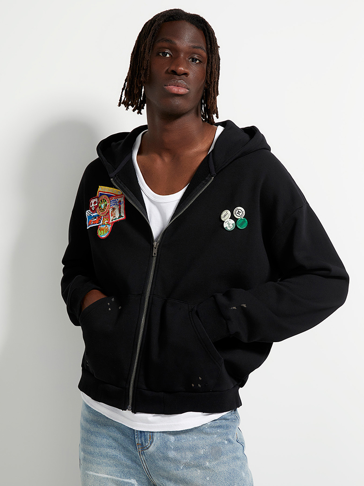 纽约设计师品牌Profound 多徽章刺绣复古做旧拉链卫衣帽衫外套