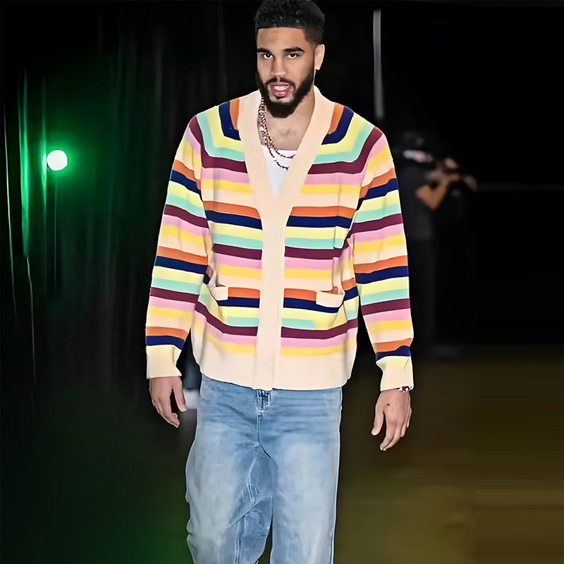 Profound Foundation支线 羊毛混纺彩虹条纹毛衣开衫 塔图姆上身