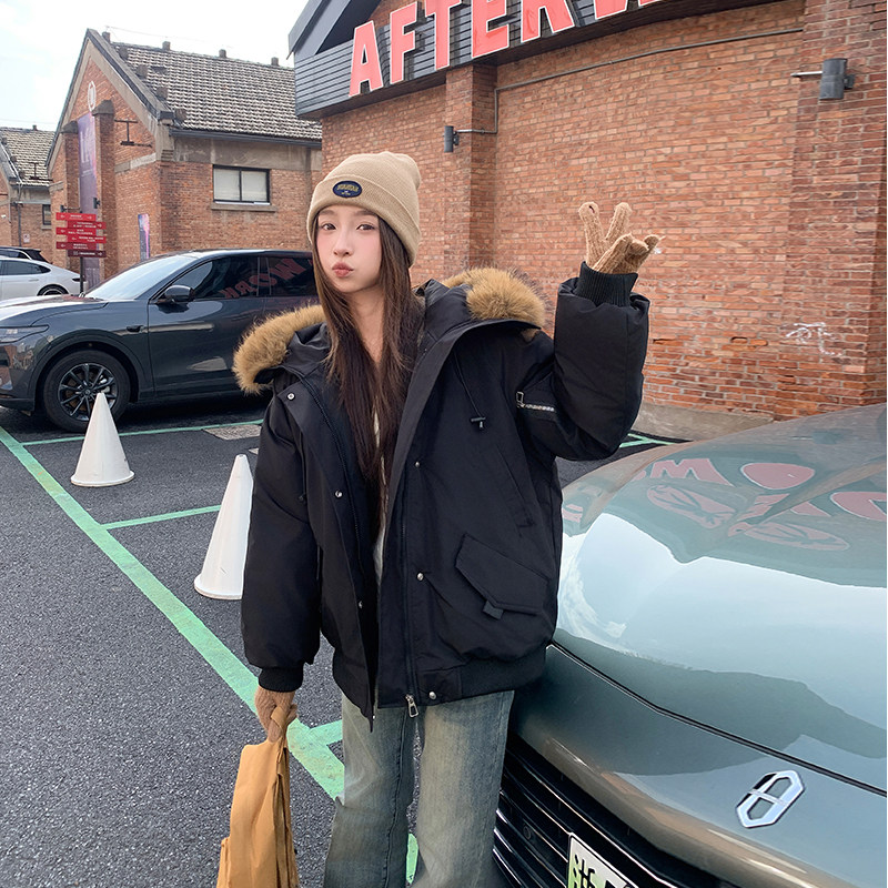 2025冬季新款羽绒棉服女美式加厚复古宽松工装小个子毛领连帽外套