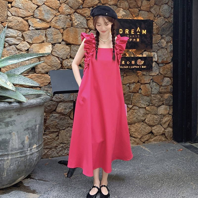 火龙果色背带长裙背心裙女夏季2025新款法式方领显瘦木耳边连衣裙