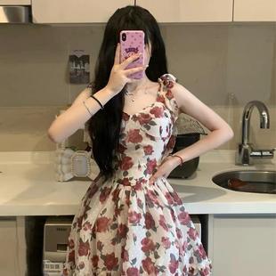 連衣裙女 赤茶玫瑰森系初戀裙ins碎花甜辣純欲浪漫顯瘦玫瑰花無袖