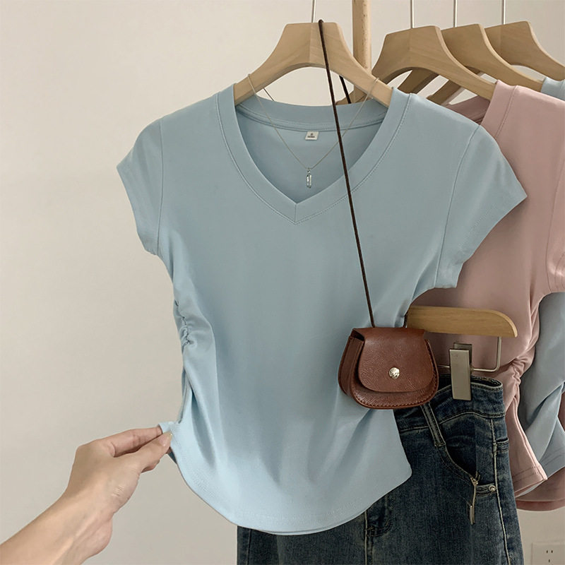 纯棉蓝色正肩短袖T恤女装夏季修身显瘦洋气褶皱收腰短款体恤上衣