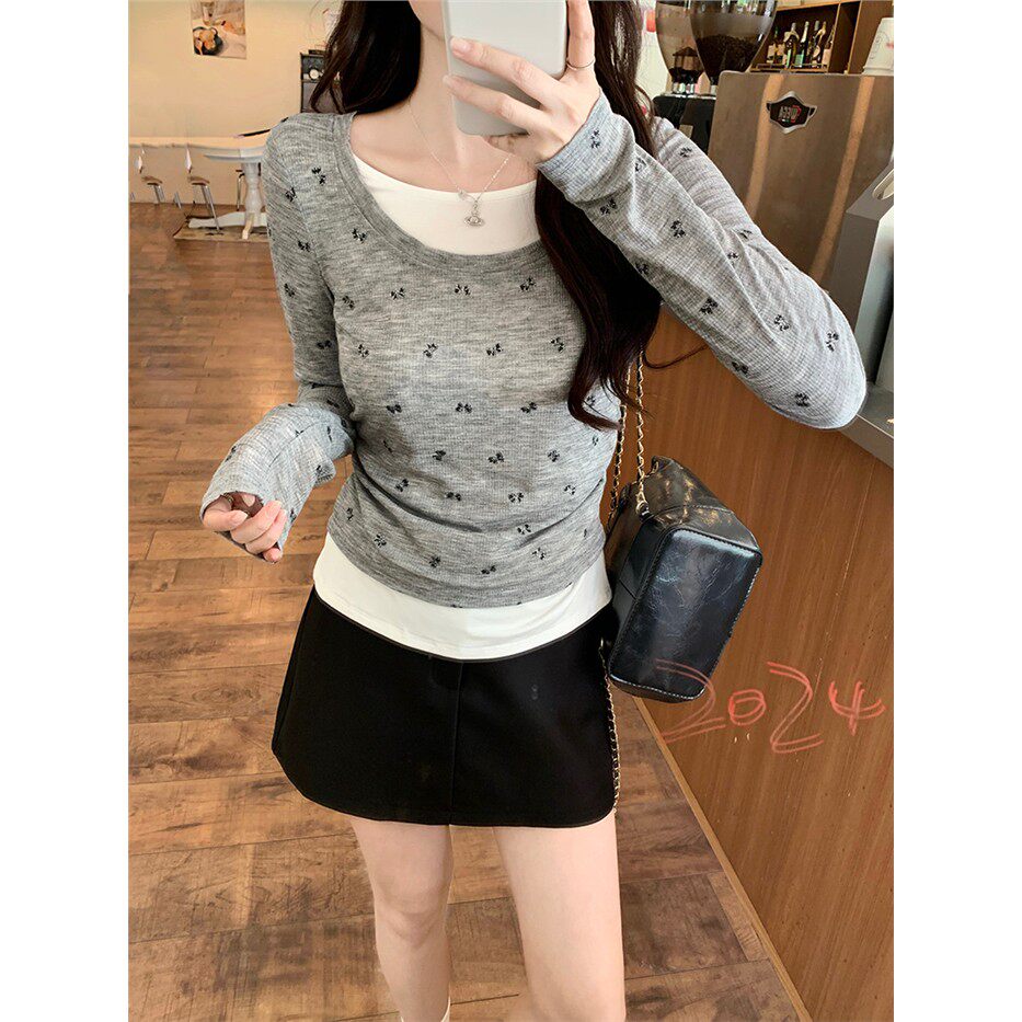 实拍长袖t恤韩版女装春秋2026薄款假两件短款修身打底衫圆领上衣