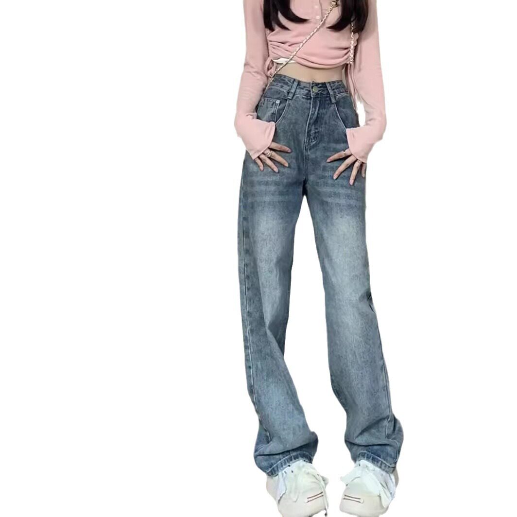 复古美式水洗牛仔裤女2024春秋新款设计感做旧宽松阔腿直筒长裤子