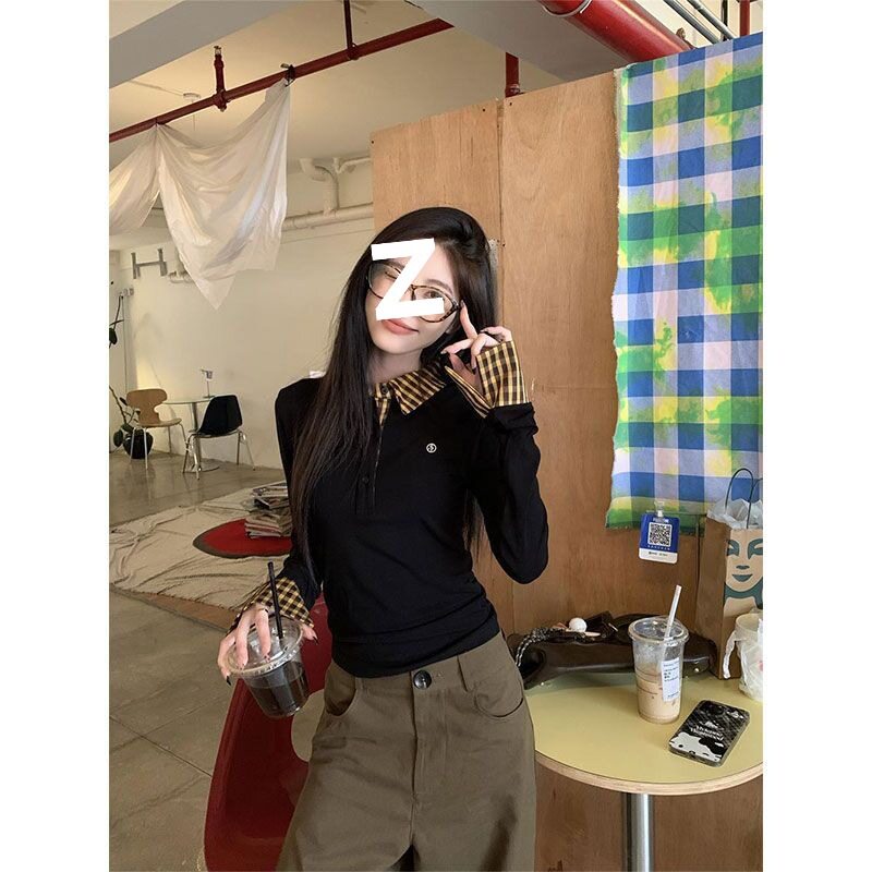 美式辣妹复古格子假两件正肩长袖t恤女修身polo领内搭打底衫上衣