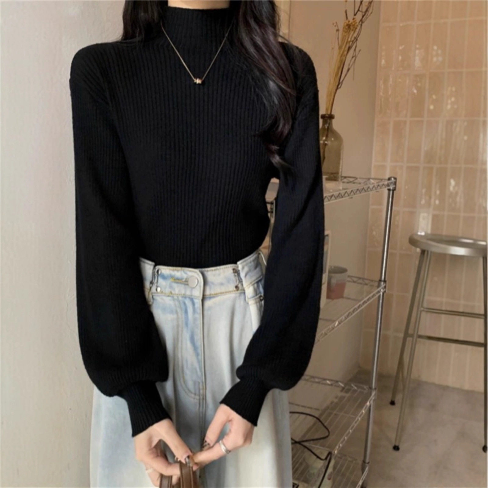 黑色打底衫女内搭洋气半高领毛衣春秋中领针织衫法式上衣外穿