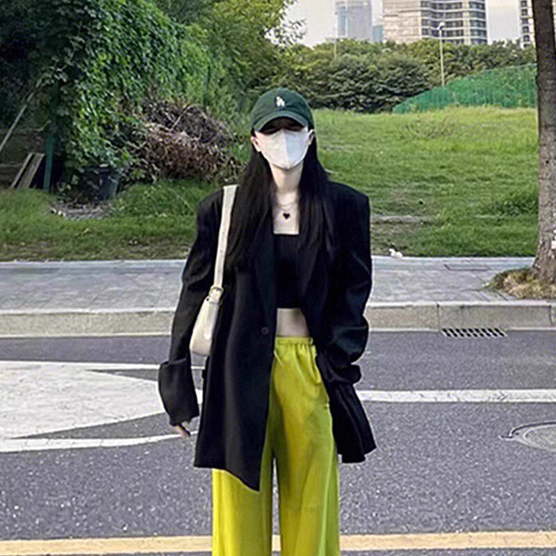 韩系垫肩黑色西装外套女春韩版宽松oversize小个子西服套装上