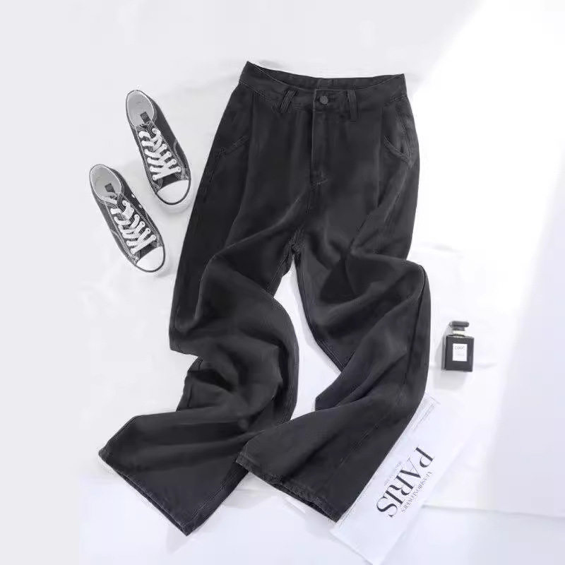 黑色天丝牛仔裤女夏季薄款莱赛尔高腰垂感宽松冰丝阔腿拖地长裤子