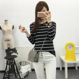 条纹宽松显瘦女士学生长袖 9.9女装 韩版 新款 t恤女上衣 2026秋装