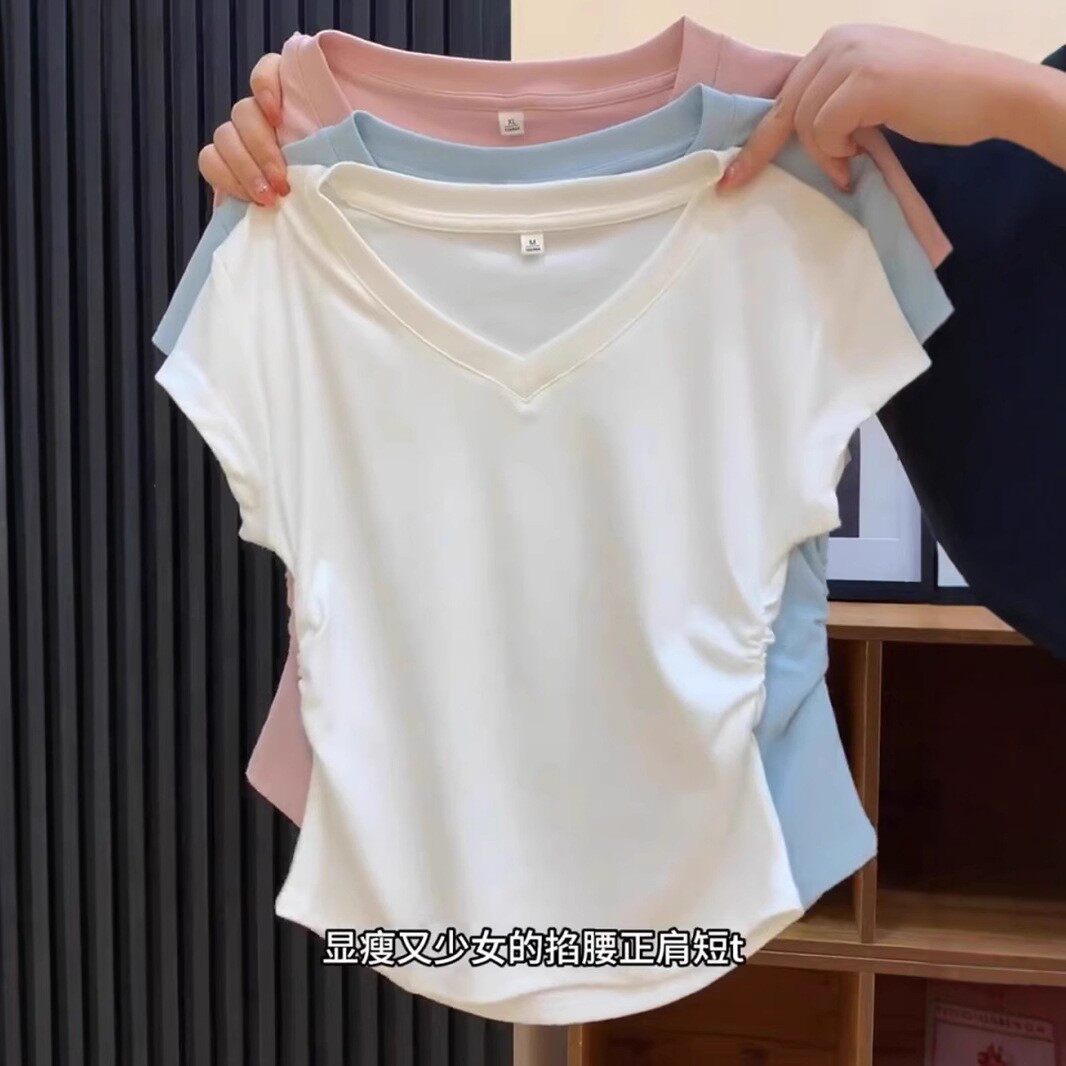 纯棉白色V领正肩短袖T恤女夏季新款褶皱显瘦收腰上衣百搭简约风
