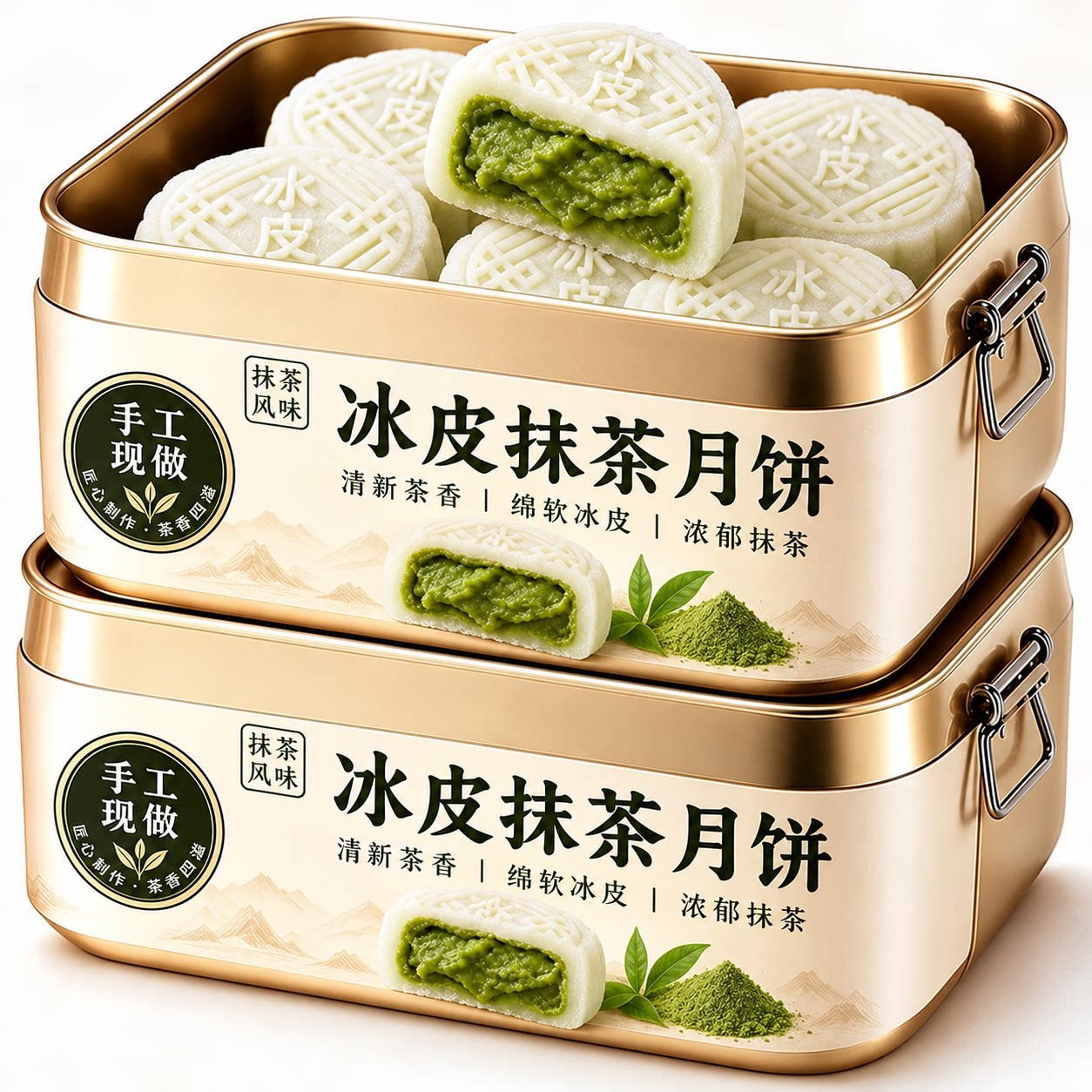 抹茶月饼水晶月饼冰皮龙井馅料爆浆中秋糕点点心雪媚娘官方旗舰店