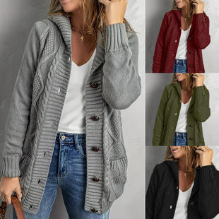 欧美亚马逊wish速卖通外贸大码女装eaby针织长袖纯色连帽开衫