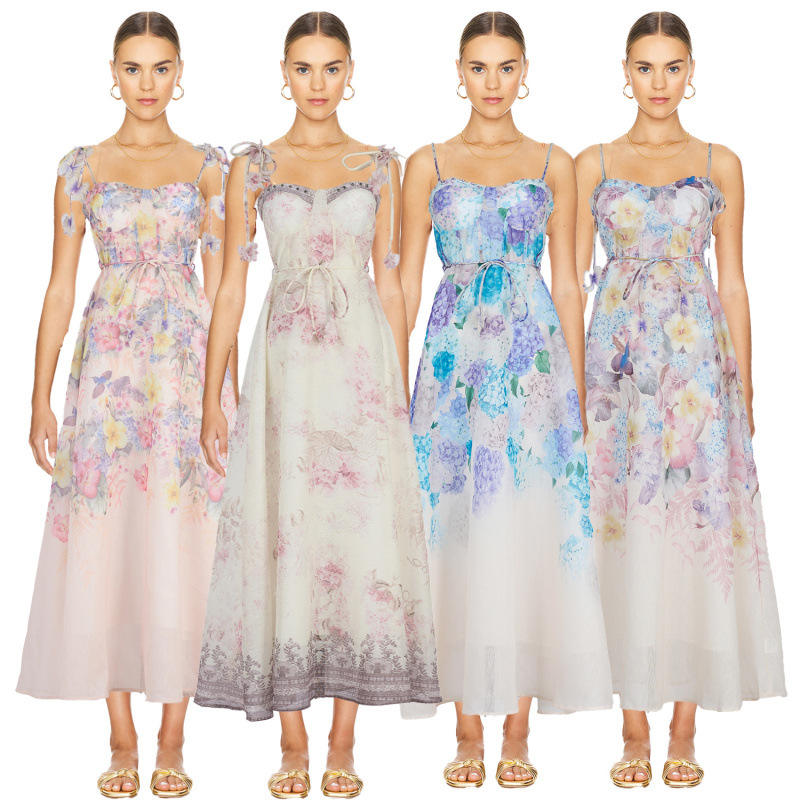 2025夏花卉印花吊带鱼骨收腰仙女连衣裙旅游度假裙子女长袖