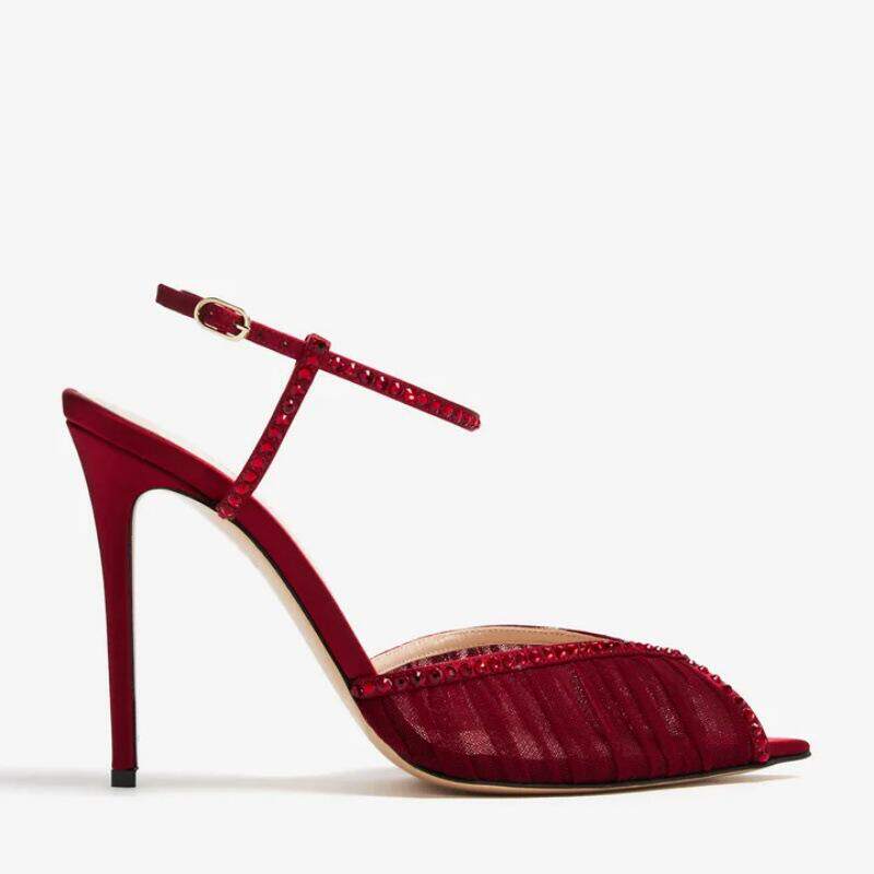 欧美高跟凉鞋尖头酒红蕾丝褶皱细跟女婚宴鞋wedding shoes women
