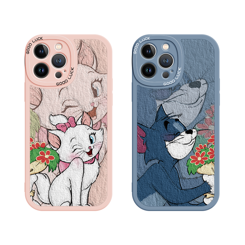 适用情侣苹果15手机壳13猫和老鼠14promax新款iPhone12卡通16可爱ip11汤姆7玛丽猫17创意xs油画8
