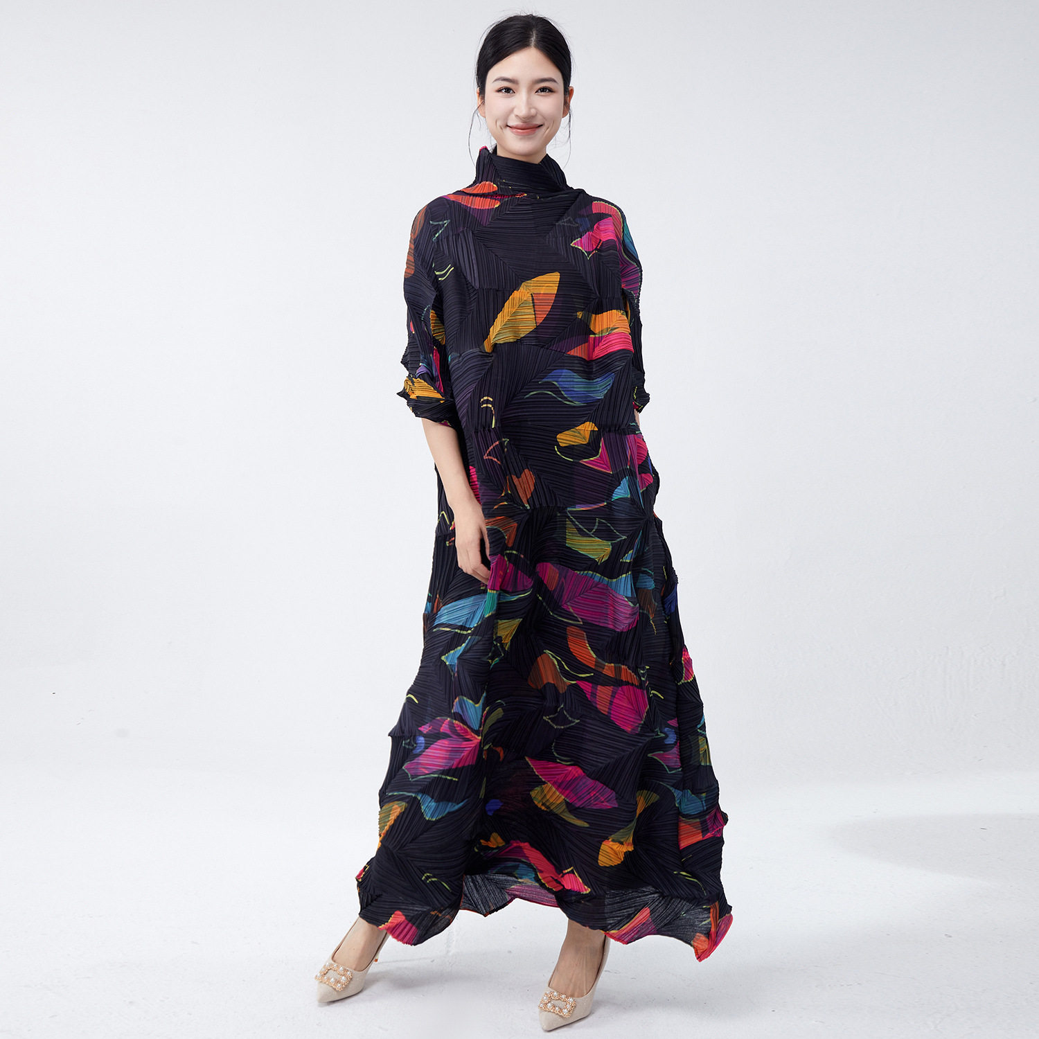 跨境大码女装连衣裙高级感印花五分袖宽松时尚气质优雅褶皱长