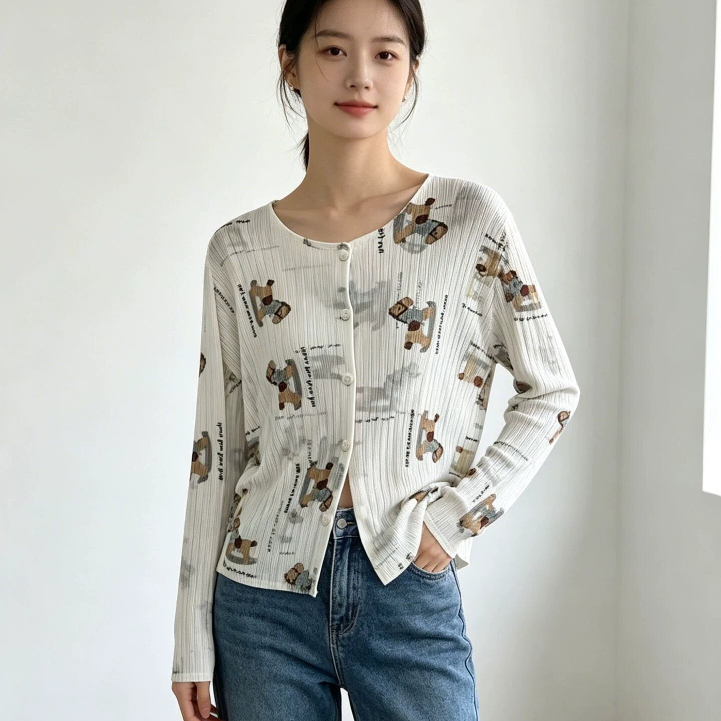 三宅风设计感小马几何花卉印花褶皱开衫女显瘦气质长袖百搭上衣