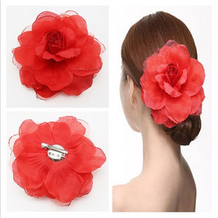 头饰民簇风16cm大玫瑰亮边时尚发饰歌舞红色发夹饰品布艺演出头花