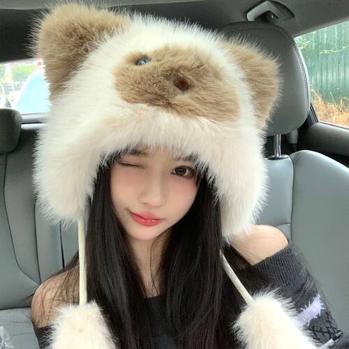 可爱暹罗猫毛茸茸保暖帽子女冬季卡通百搭护耳雷锋帽防寒加厚学生