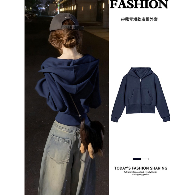 藏青色短款卫衣外套女款春2026新款收腰修身薄款上衣初春韩系穿搭