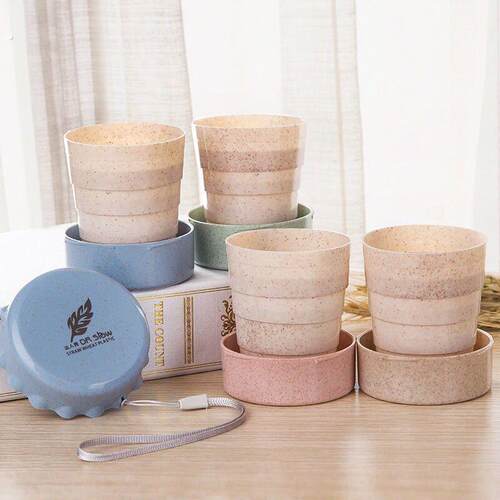 旅游便携式创意迷你折叠杯小麦伸缩杯带盖户外旅行洗漱水杯子